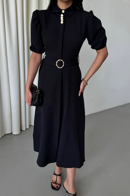 Button‑Collar Dress Femme Black