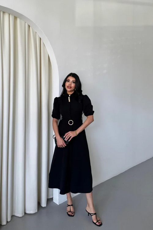 Button‑Collar Dress Femme Black