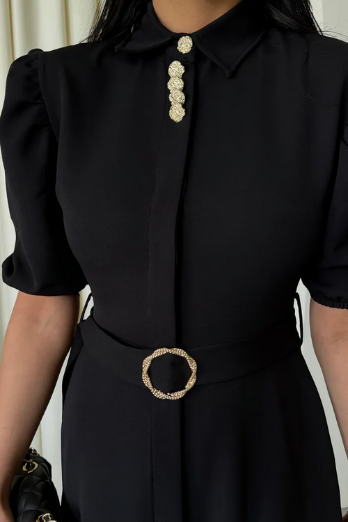 Button‑Collar Dress Femme Black