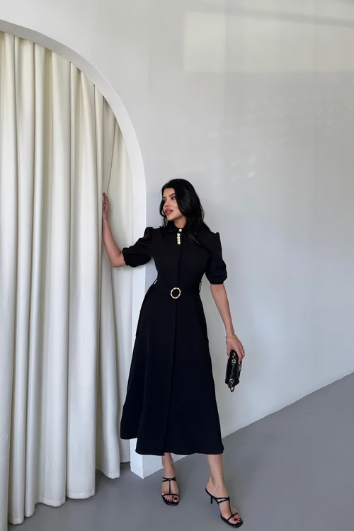 Button‑Collar Dress Femme Black
