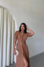 Button‑Collar Dress Femme Beige