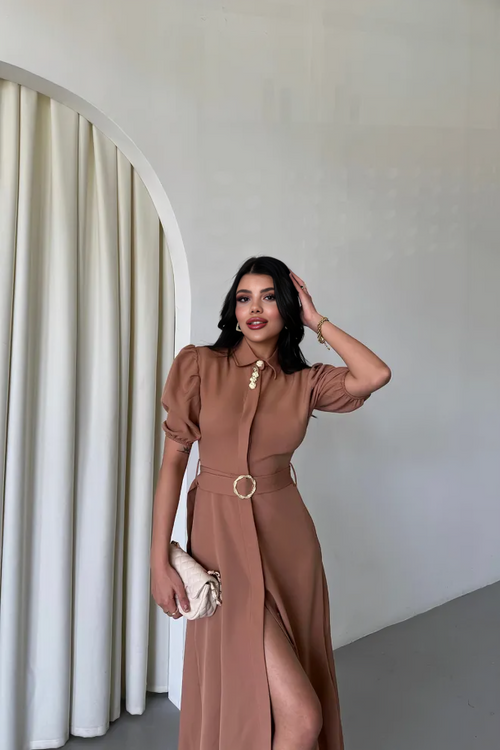 Button‑Collar Dress Femme Beige