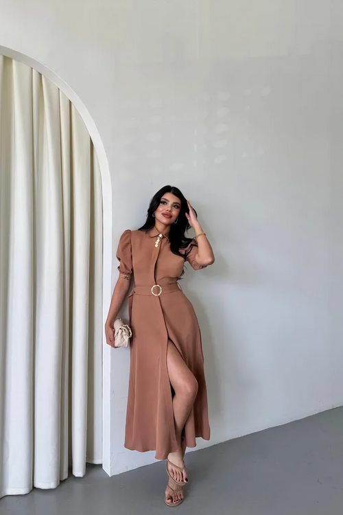 Button‑Collar Dress Femme Beige