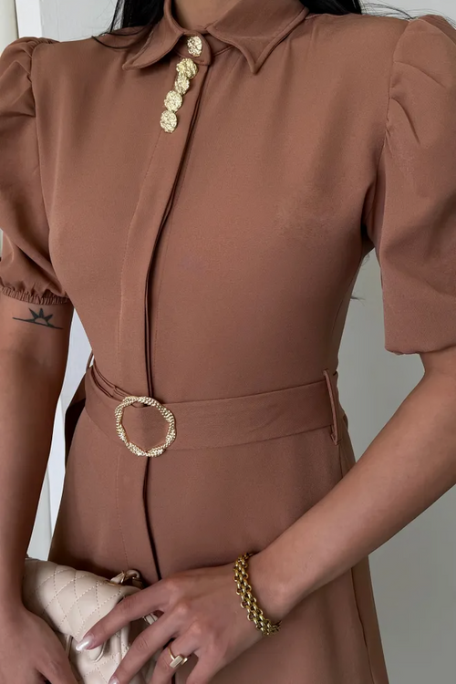Button‑Collar Dress Femme Beige