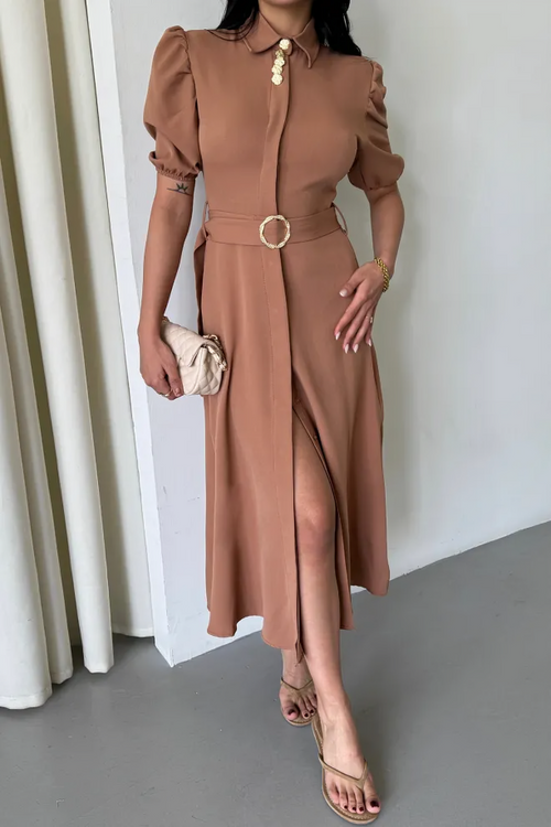 Button‑Collar Dress Femme Beige