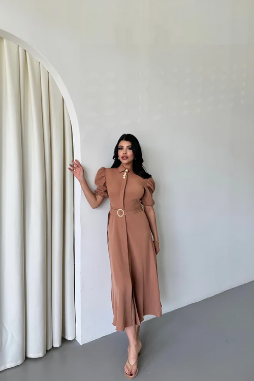 Button‑Collar Dress Femme Beige