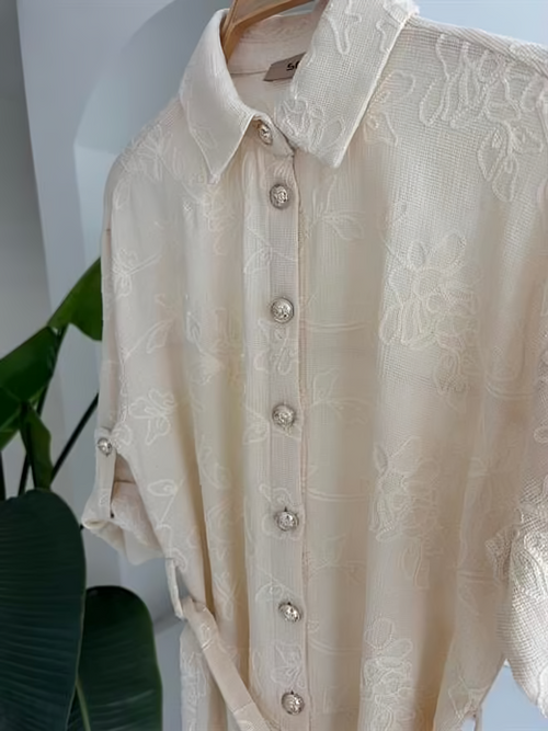 Embroidered Gold Buttoned Dress Cream