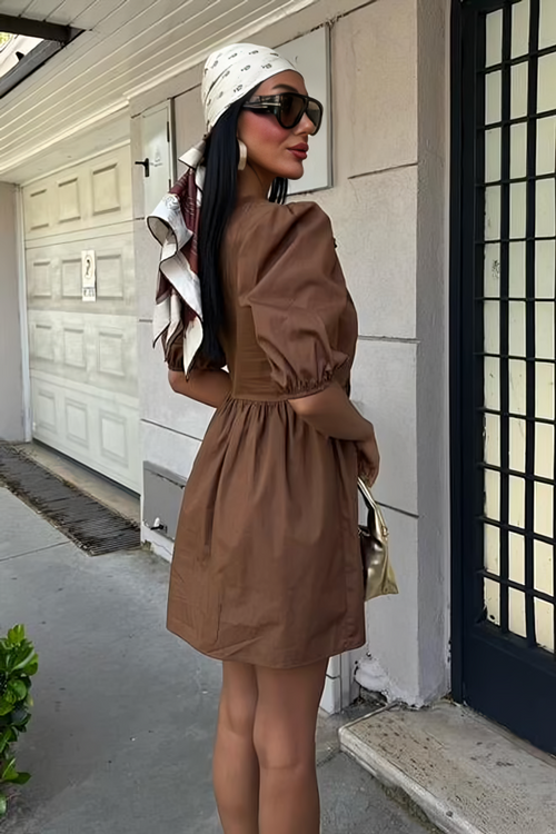 Summer Dress With Ties and Balloon Sleeves Brown
