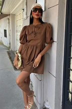 Summer Dress With Ties and Balloon Sleeves Brown
