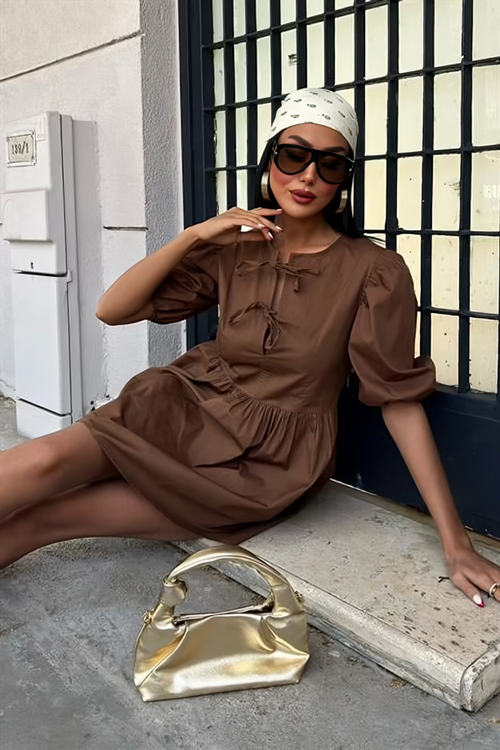 Summer Dress With Ties and Balloon Sleeves Brown