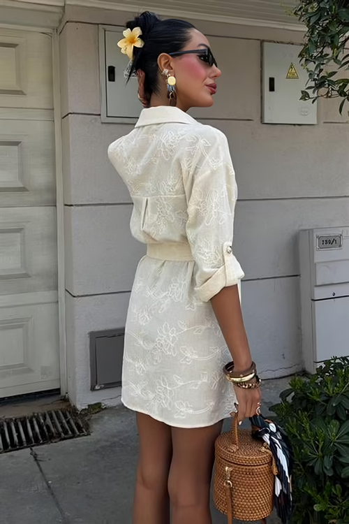 Embroidered Gold Buttoned Dress Cream