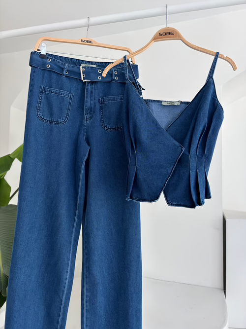 Belt Detailed Denim Suit