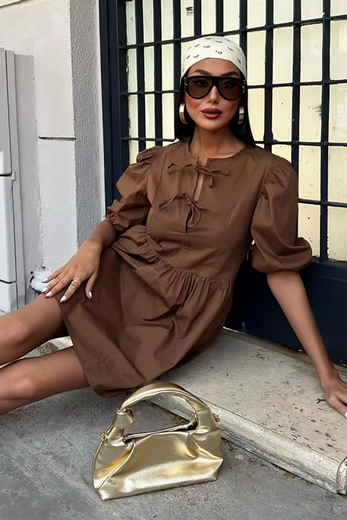 Summer Dress With Ties and Balloon Sleeves Brown