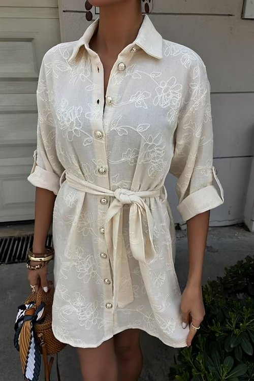 Embroidered Gold Buttoned Dress Cream