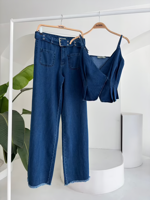 Belt Detailed Denim Suit