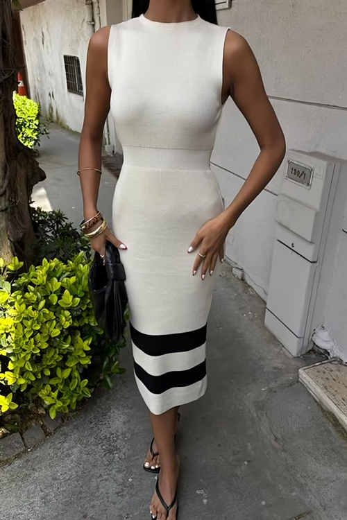 Stripe Detailed Knitwear Dress White