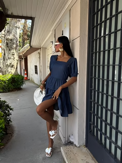 Summer Detailed Tencel Dress Navy Blue