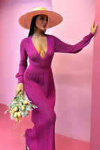 Deep Neck Knitwear Dress Royal