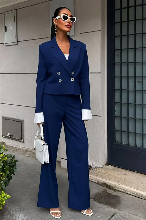 Garnished Cuffs Suit Navy Blue